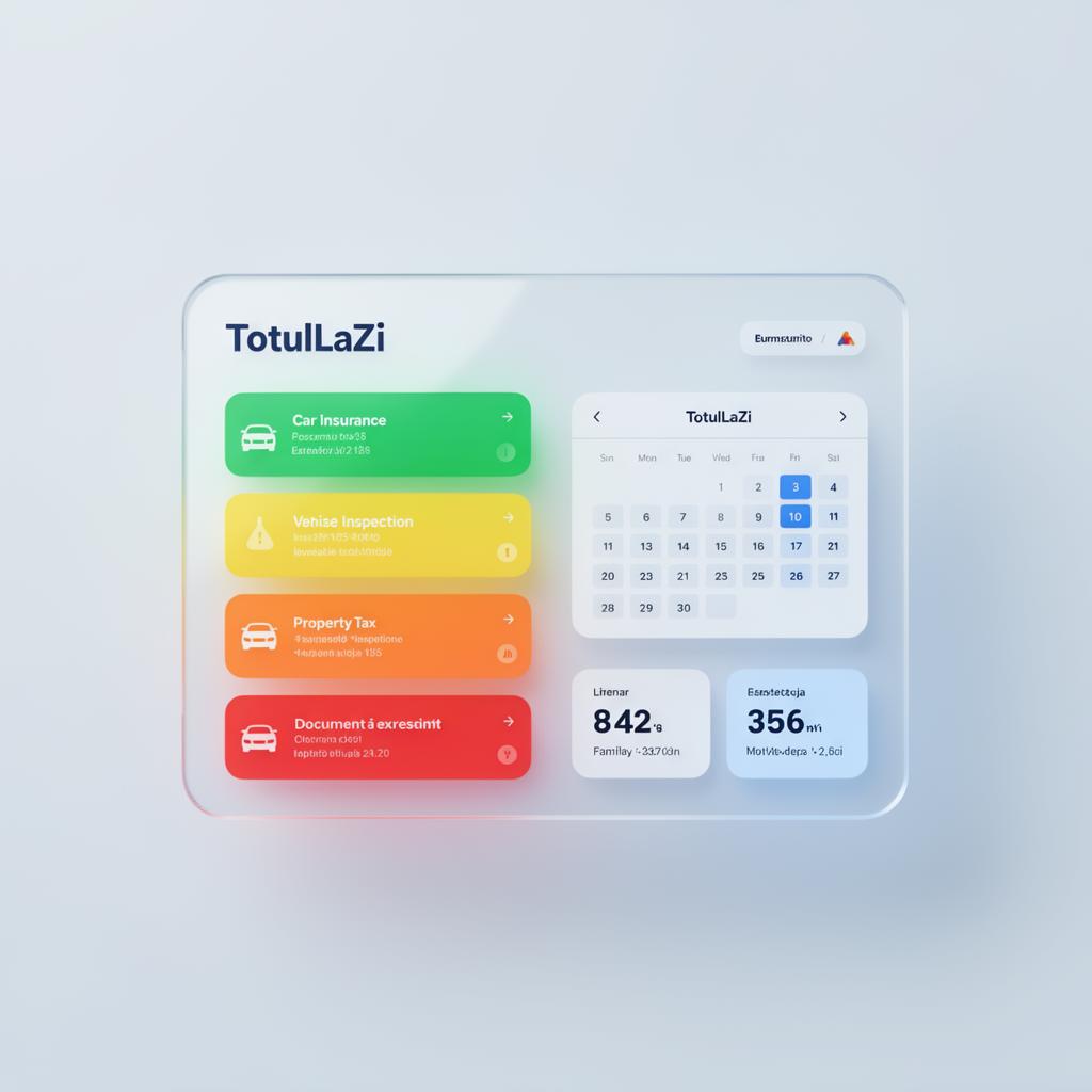 Panoul TotulLaZi cu alerte colorate pentru asigurări, ITP, taxe și documente
